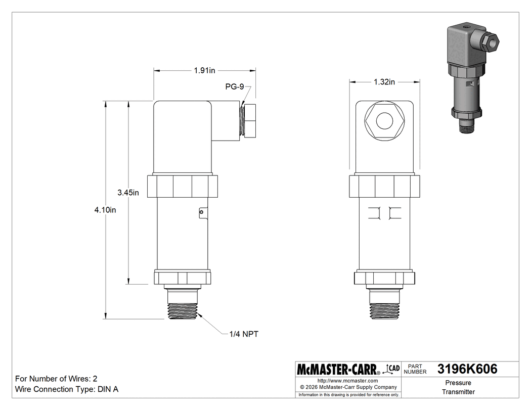 Technical Drawing of Pressure Transmitter, 4-20 mA Output, DIN A Wire Connection, 0-500 PSI.